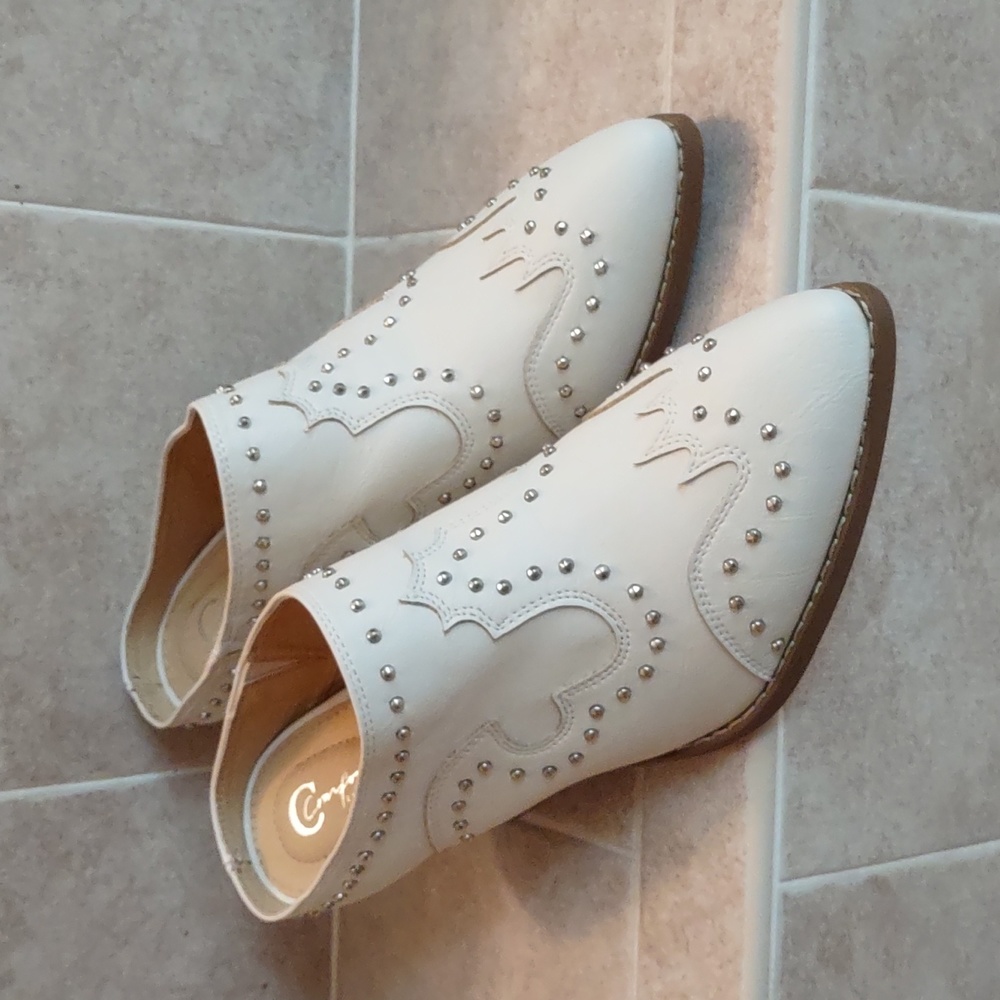Studded White Leather Mule Heels - Women's